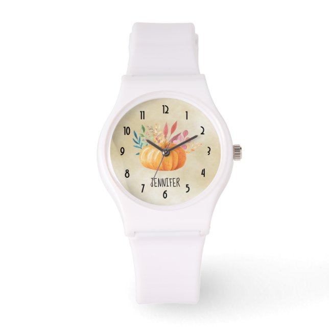 Orange Watercolor Pumpkin Herbstsaison Armbanduhr (Vorderseite)