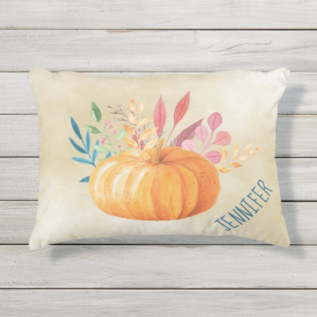 Orange Watercolor Pumpkin Herbstsaison Kissen Für Draußen (Vorderseite)