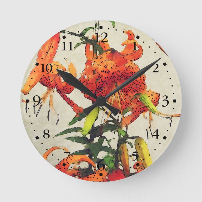 Orange Watercolor Tiger Lilie 1 Runde Wanduhr (Vorderseite)