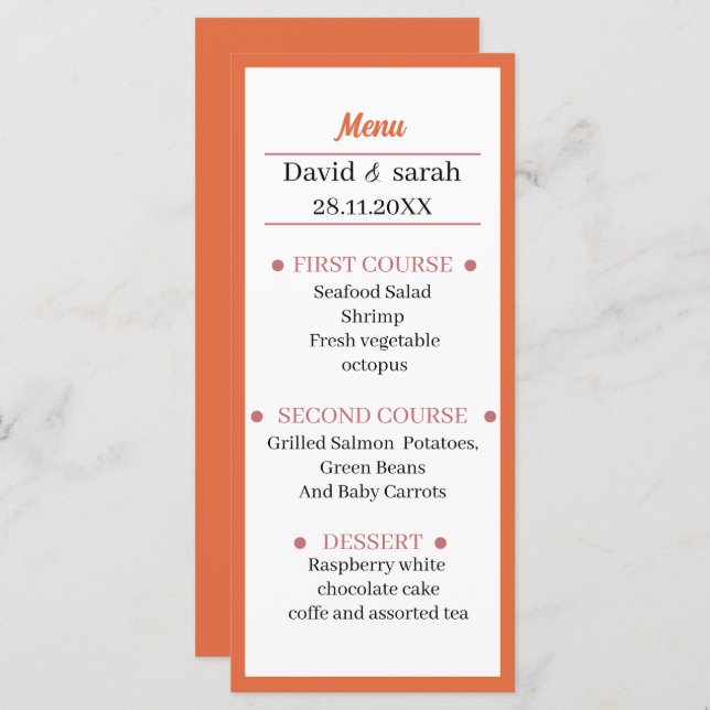 Orange Wedding Dinner Menükarte (Vorne/Hinten)
