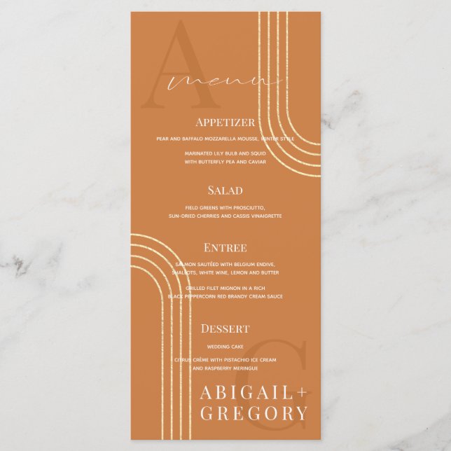 Orange Wedding Geometric Gold Lines Monogram Menükarte (Vorderseite)