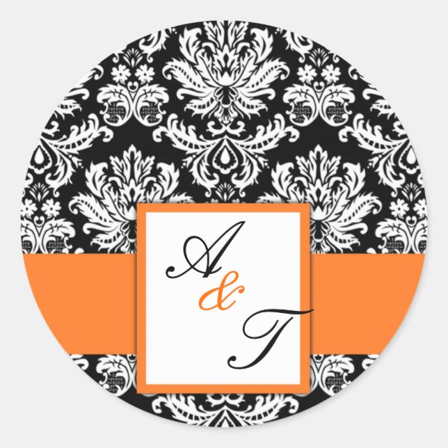Orange Wedding Monogram Damask Siegel Runder Aufkleber (Vorderseite)