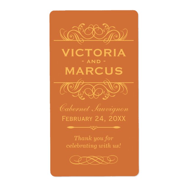 Orange Wedding Wine Bottle Monogram Fevor Labels (Vorne)