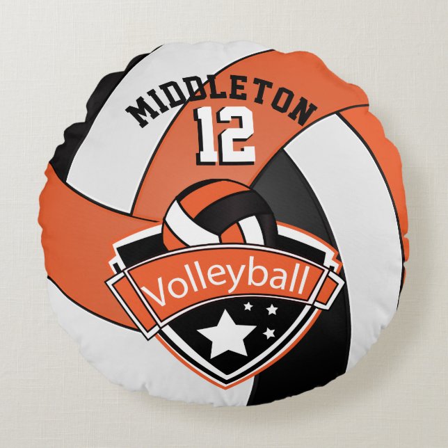 Orange, Weiß und Schwarz Personalisieren Volleybal Rundes Kissen (Vorderseite)