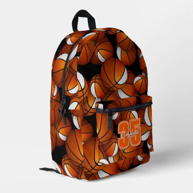 Orange weiße Basketballmuster mit Jerseynummer Bedruckter Rucksack (Rückseitige Ecke links)