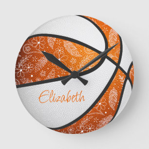 orange weiße Feder Paisley Kritzeleien Basketball Runde Wanduhr