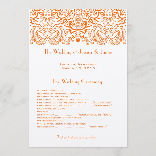 Orange Whimical Love Birds Wedding Program Programm (Vorderseite)