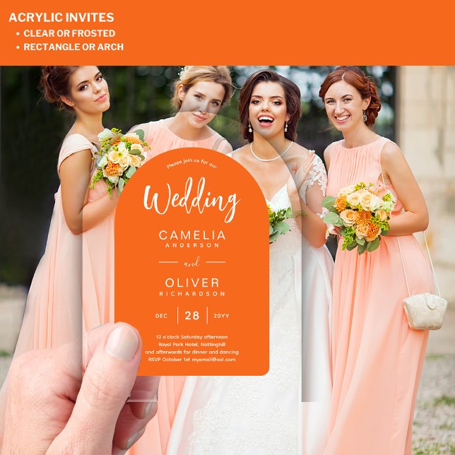 Orange White Arch Akryllische Hochzeit lädt zu mod Acryleinladungen (Von Creator hochgeladen)