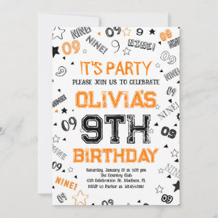 Orange White Boy Number Nine Birthday Party Einladung