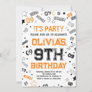 Orange White Boy Number Nine Birthday Party Einladung