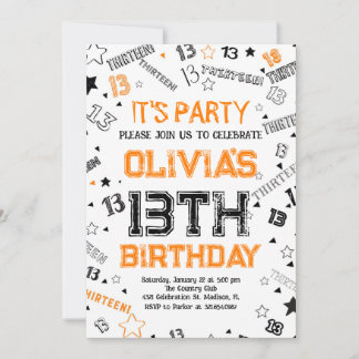 Orange White Boy Number Thirteen Birthday Party Einladung