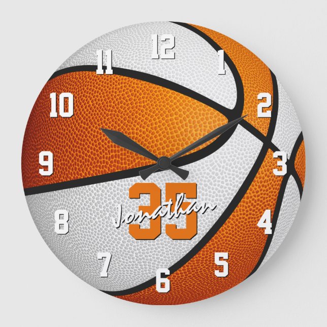 orange white boys girls basketball personalized große wanduhr (Vorderseite)