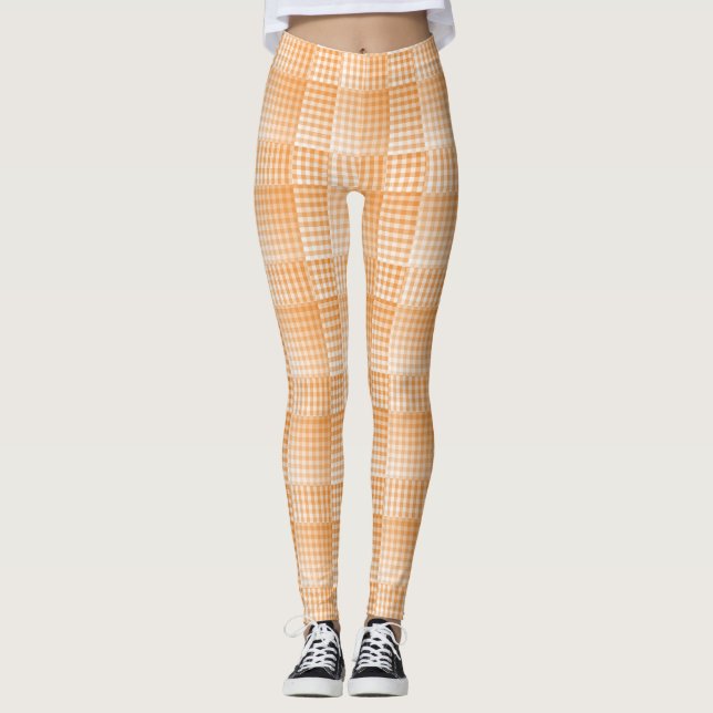 Orange White Checker Abstract Pattern Leggings (Vorderseite)