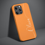 Orange White Elegant Calligraphy Script Name Case-Mate iPhone 14 Hülle<br><div class="desc">Orange White Elegant Kalligraphie Script Custom Personalisiert Name iPhone 14 Smart Phone Cases bietet ein modernes und trendy einfaches und stilvolles Design mit Ihrem personalisierten Namen in elegantem handgeschriebenen Schrift Typografie auf einem orangen Hintergrund. Entworfen von ©Evco Studio www.zazzle.com/store/evcostudio</div>