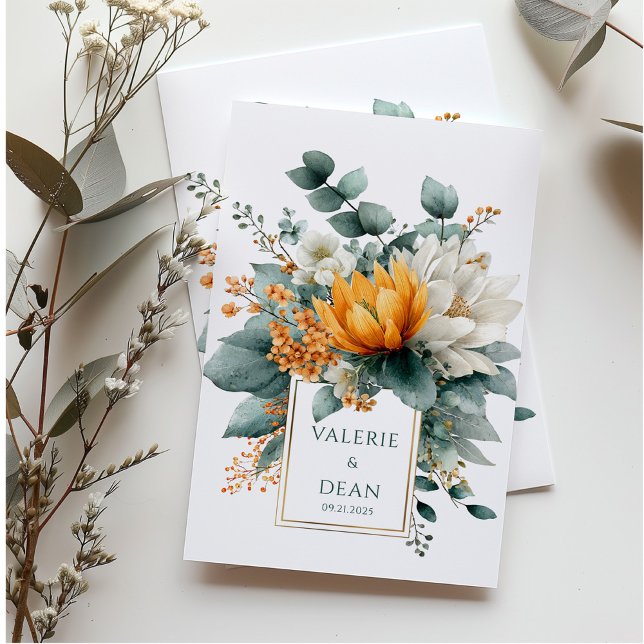 Orange White Floral Eucalyptus Gold Frame Einladung (Von Creator hochgeladen)