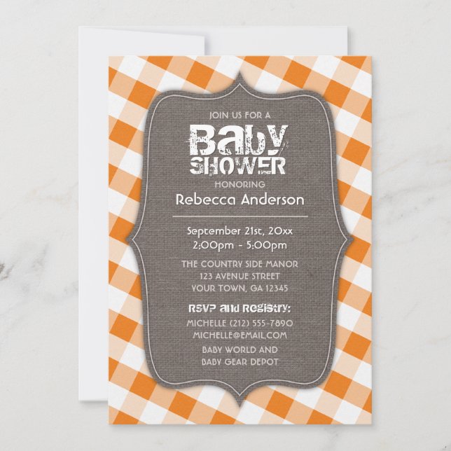 Orange & White Gingham Leinwand Babydusche Einladung (Vorderseite)