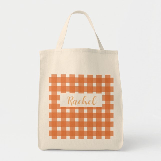 Orange White Gingham Personalisiert Tragetasche (Vorne)