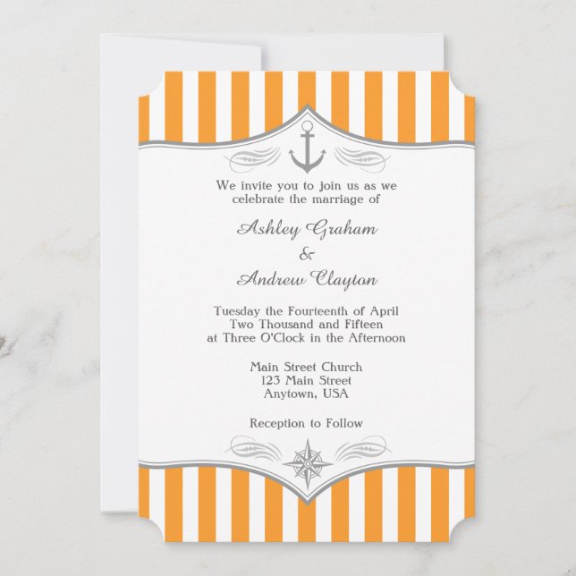 Orange White Gray Nautical Wedding Einladung (Vorderseite)