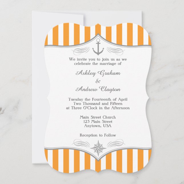 Orange White Gray Nautical Wedding Einladung (Vorderseite)