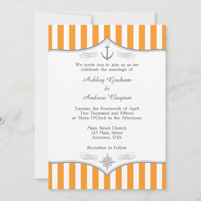 Orange White Gray Nautical Wedding Einladung (Vorderseite)