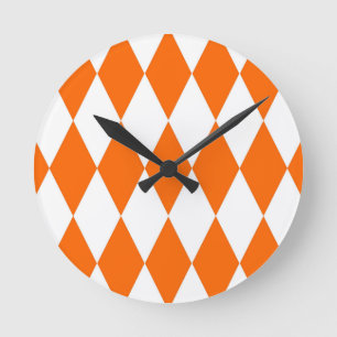 Orange White Harlequin Diamonds Schachbretts Desig Runde Wanduhr