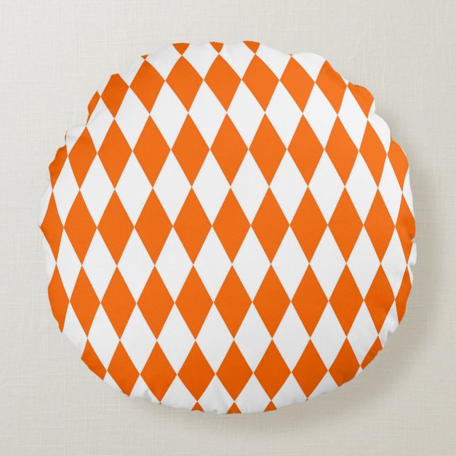 Orange White Harlequin Diamonds Schachbretts Desig Rundes Kissen (Vorderseite)