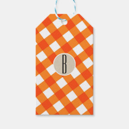 Orange White Kariert Kraft Rustic Monogram Initial Geschenkanhänger