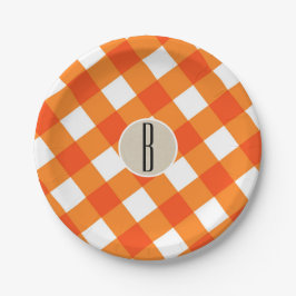 Orange White Kariert Kraft Rustic Monogram Initial Pappteller