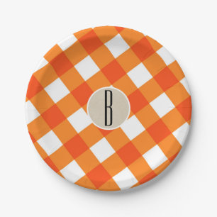 Orange White Kariert Kraft Rustic Monogram Initial Pappteller