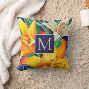 Orange White Lilies Floral Navy Blue Monogram Kissen