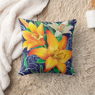 Orange White Lilies Floral Navy Blue Throw Kissen