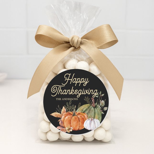 Orange White Pumpkins Black Happy Thanksgiving Runder Aufkleber ("Happy Thanksgiving" sticker)