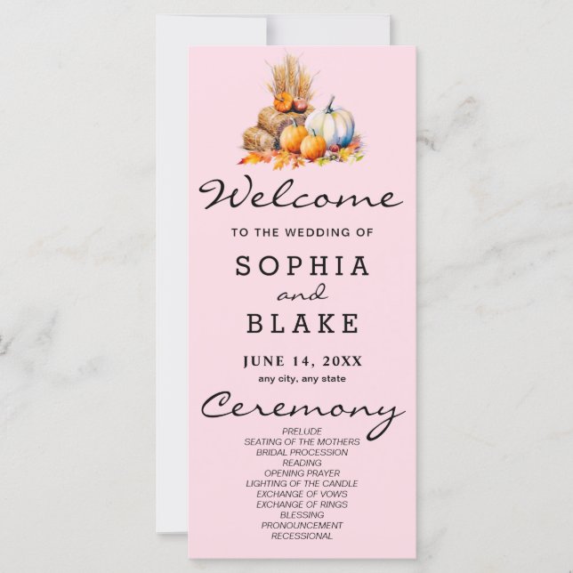 Orange & White Pumpkins Fall Pink Wedding Program (Vorderseite)
