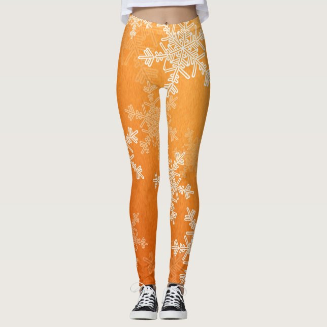 Orange White Snowflakes Minimalistisch Weihnachten Leggings (Vorderseite)