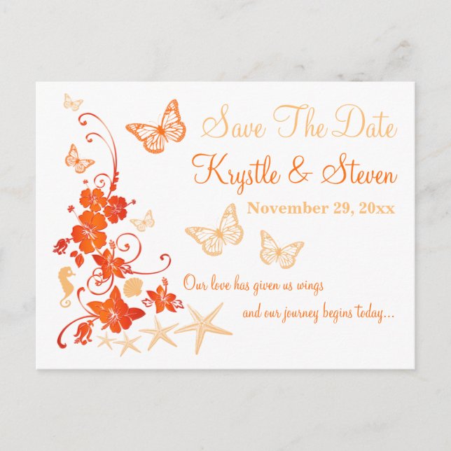 Orange White Tropical Beach Save the Date Postcard Ankündigungspostkarte (Vorderseite)