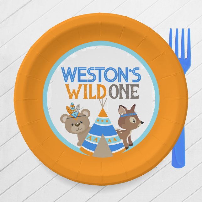 Orange Wild One Woodland Birthday Party Teller (Orange One Happy Camper or Wild One First Birthday Party Plates. Featuring a Bear, Deer & Teepee)