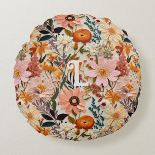 Orange Wildblume Cotgattcore-Monogramm Rundes Kissen
