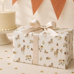 Orange Wildblumen Pferd- und Schmetterlingsmuster  Geschenkpapier