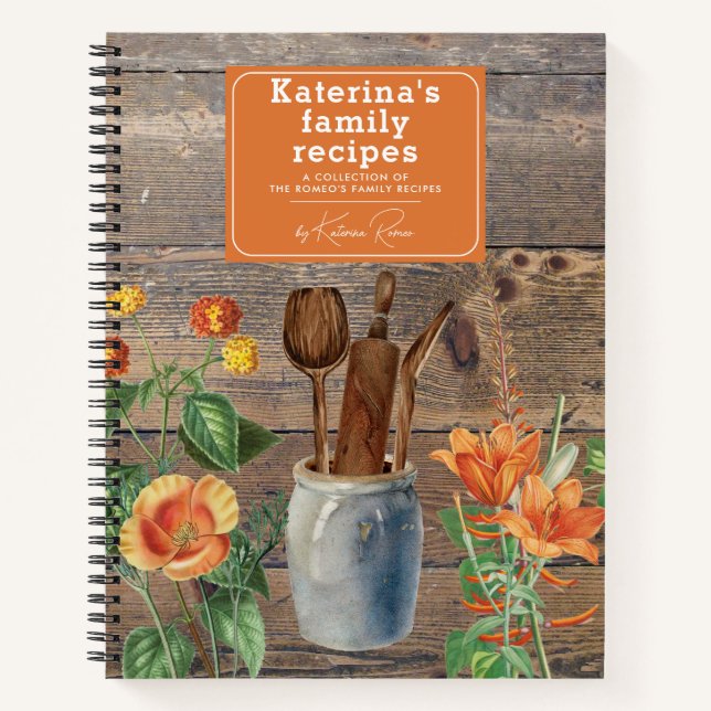 Orange Wildblumen Wood Kitchen Utensils Rezept Notizbuch (Vorderseite)