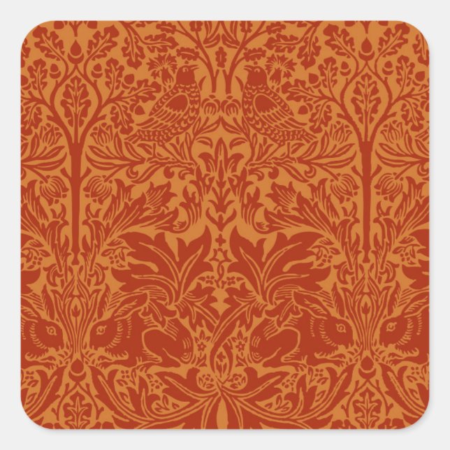 Orange William Morris Birds und Blume Quadratischer Aufkleber (Vorderseite)