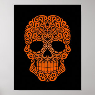 Orange wirbelnder Zuckerschädel auf Schwarzem Poster