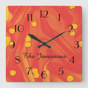 Orange with Small Yellow Hearts, Name,  Quadratische Wanduhr