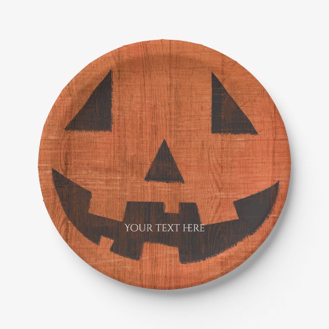 Orange Wooden Kürbis Rustikales Halloween Pappteller (Vorderseite)