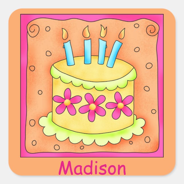 Orange Yellow 4th Birthday Cake Name Personalifizi Quadratischer Aufkleber (Vorderseite)