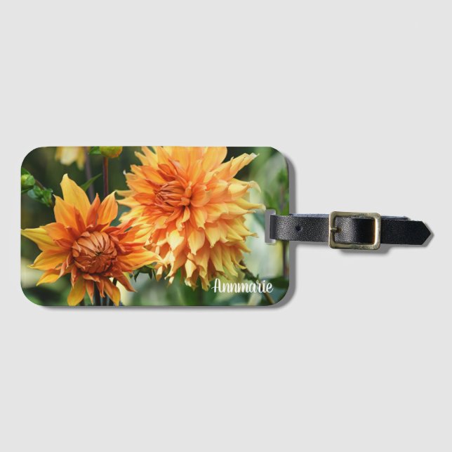 Orange & Yellow Dahlia Garden Blume Monogramm Gepäckanhänger (Vorderseite (Horizontal))
