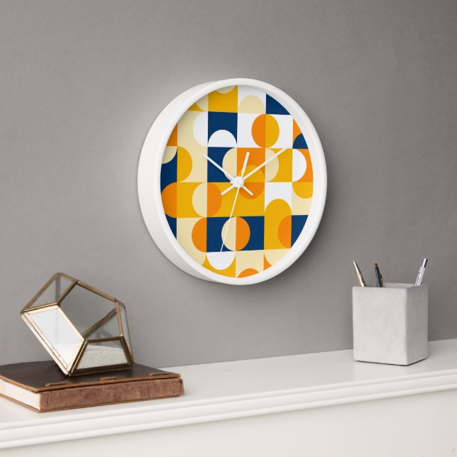 Orange Yellow Dark Navy Blue Retro Art Muster Uhr (Büro)
