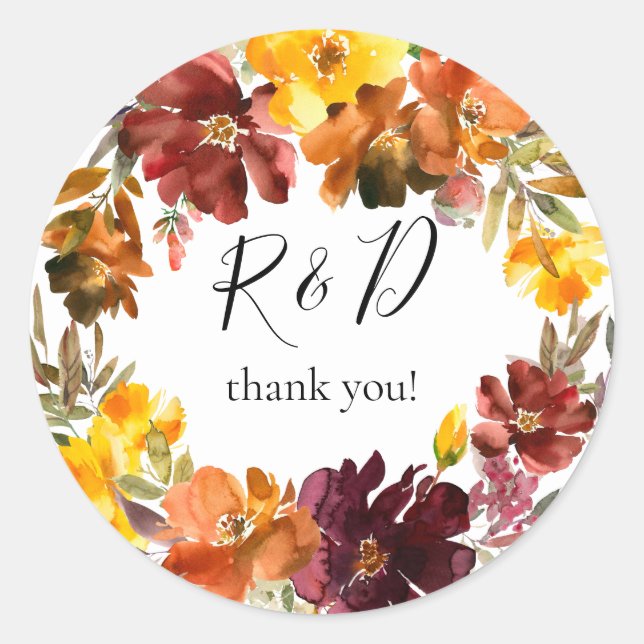 Orange & Yellow Fall Floral Monogram - Klasse Runder Aufkleber (Vorderseite)