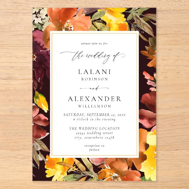 Orange & Yellow Fall Floral Wedding -3 Burgund Acryleinladungen (Vorderseite)