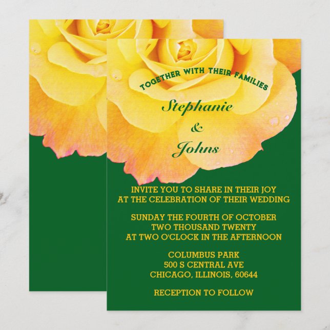 Orange Yellow Floral Forest Green Boho Hochzeit Einladung (Vorne/Hinten)