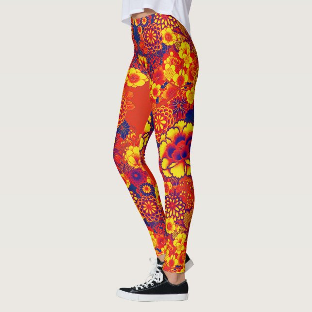 ORANGE YELLOW FLOWERS Peony, Rose Japanisches Blum Leggings (Links)